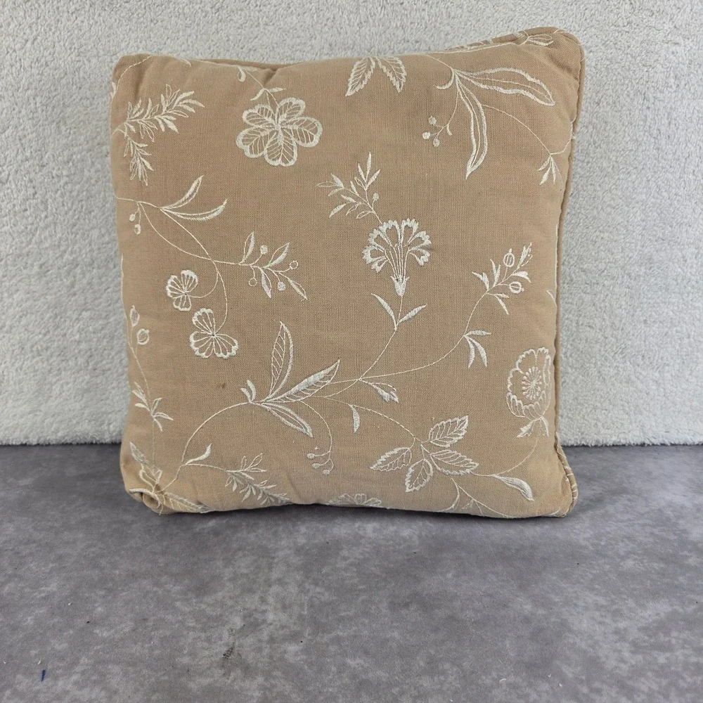 Floral Embroidered Square Throw Pillow Tan White Botanical Decorative Accent 14